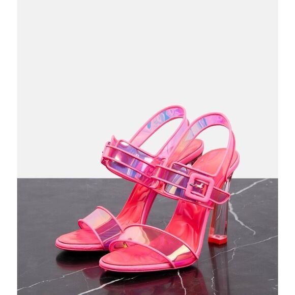 Christian Louboutin Duniss 100mm Leather and PVC Sandals Neon Pink 37 - Picture 6 of 12